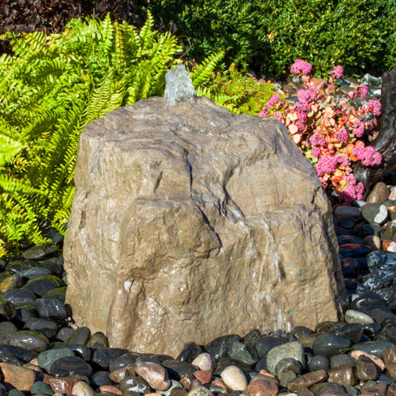 Sand River Falls Stone Garden Fountain With Ferns Flowers And Small Trees Backdrops