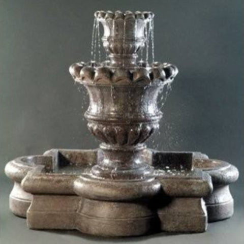 Scallop Urn Outdoor Fountain with Quatrefoil Basin With Dark Background