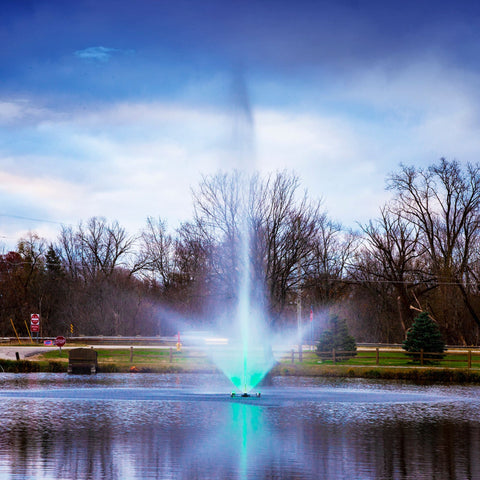 Scott Aerator Skyward Pond Fountain On The Water With Lights