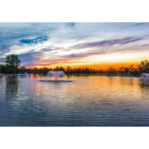 Scott 14-Color-Changing LED Light Set Scenic Wide View Of An Illuminated Pond Fountain At Sunset With Reflections On Calm Water