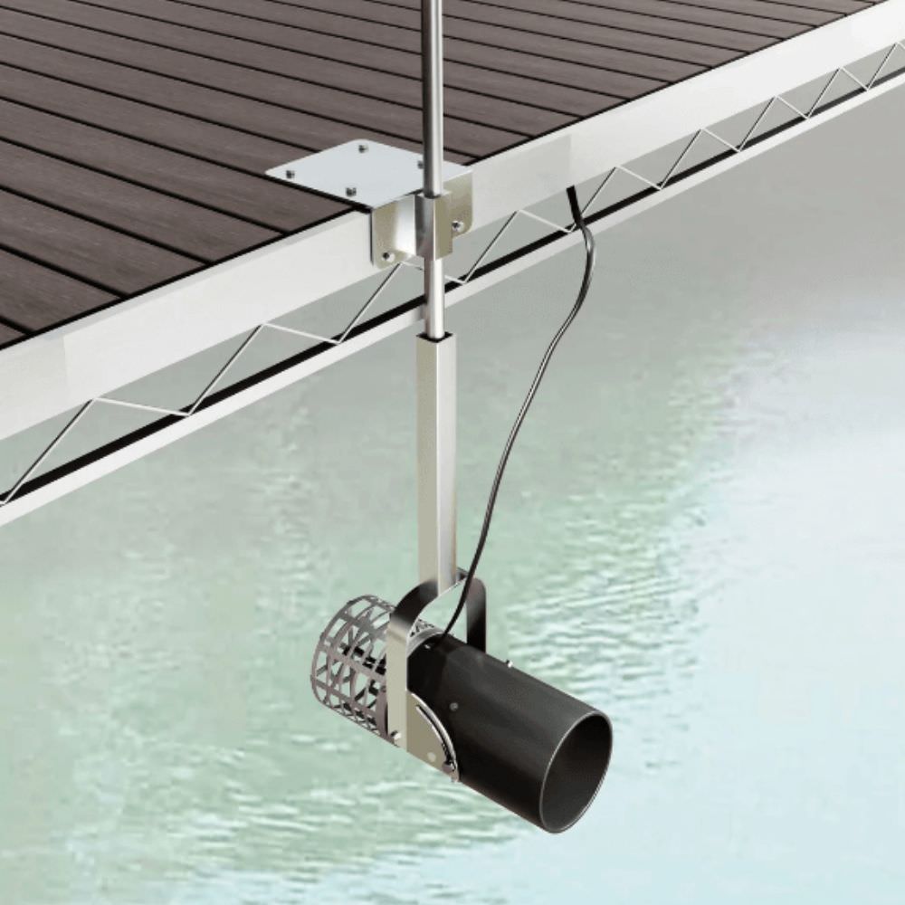 Scott Aerator Aquasweep Muck Blaster In The Water Attached To A Dock Angle View