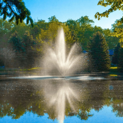Scott Aerator Cambridge Pond Fountain On The Water With Colorful Green Trees In The Background