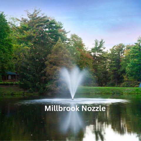 Scott Aerator Great Lakes Pond Fountain With Millbrook Nozzle On The Water With Trees In The Background