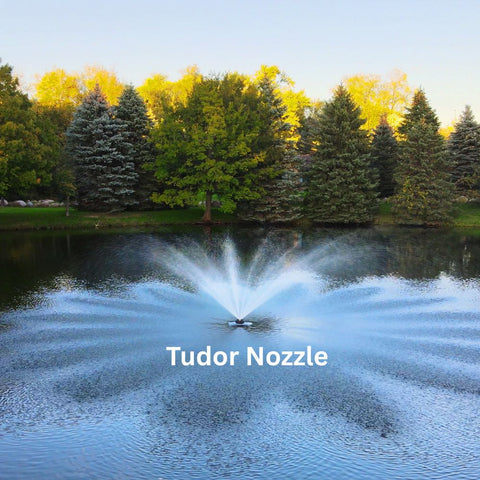Scott Aerator Great Lakes Pond Fountain With Tudor Nozzle On The Water With Trees In The Background