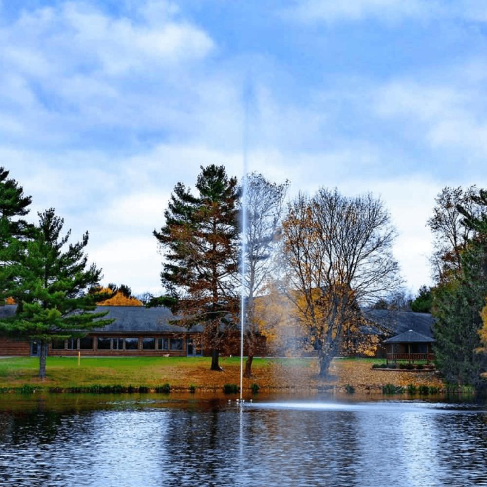 Scott Aerator Jet Stream Pond Fountain On The Water With Trees & A House In The Background