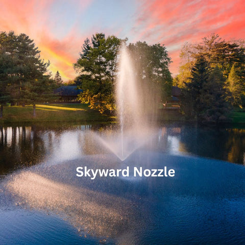 Scott Aerator Triad Pond Fountain With Skyward Nozzle On The Water With Trees In The Background