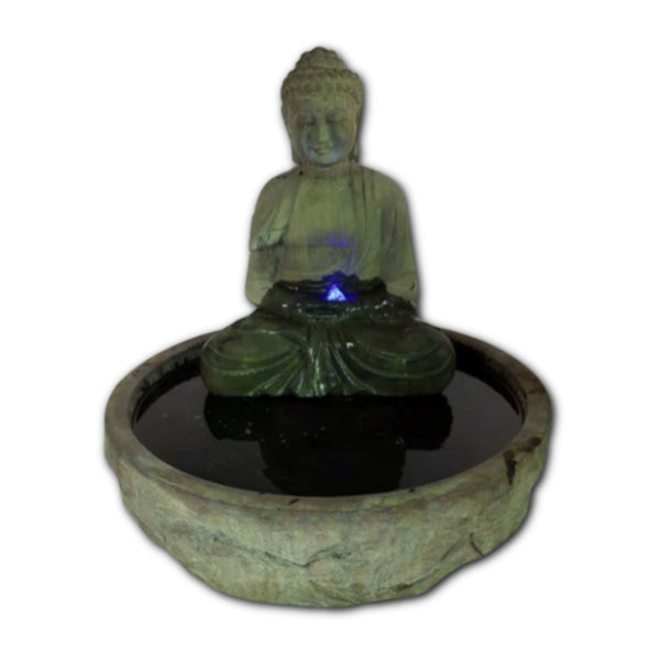 Serene Basalt Buddha Fountain With Plain White Background