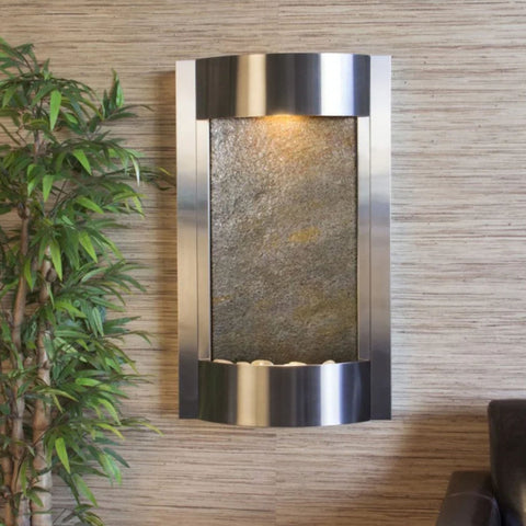 Serene Waters Wall Mounted Fountain Green Feather Stone-Stainless Steel-White