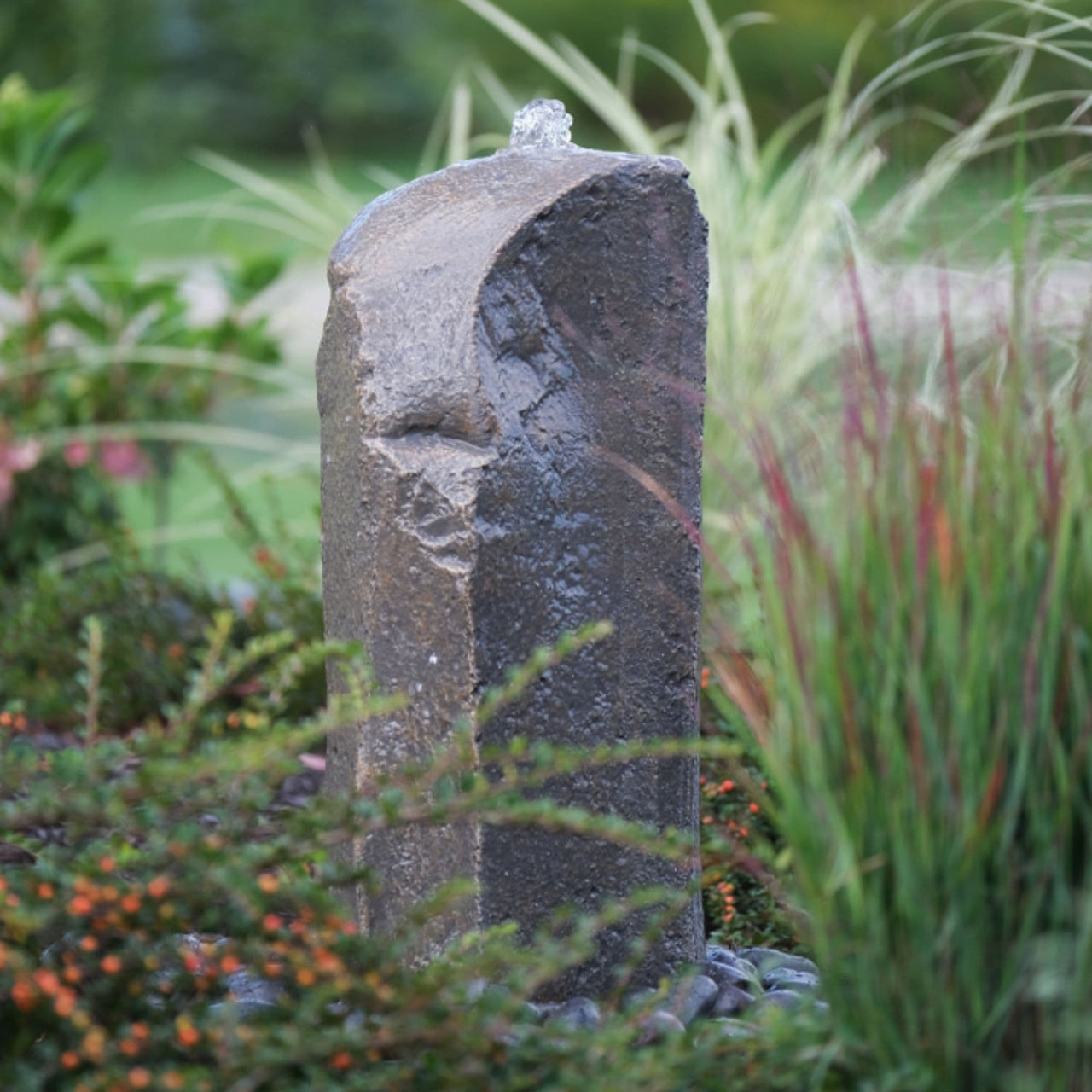 Silver Falls Outdoor Fountain Rock Surrounded By Ornamental Garden Plants