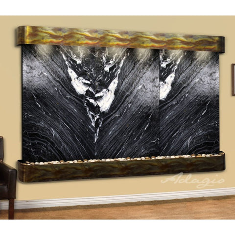 Solitude River Three-Panel Wall Water Fountain Black Spider Marble-Rustic Copper-Rounded With Leather Chair