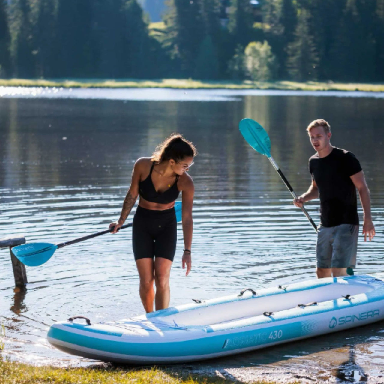 Spinera Adriatic 430 Light Inflatable Kayak With A Couple Ready For Kayaking By Forest Lake