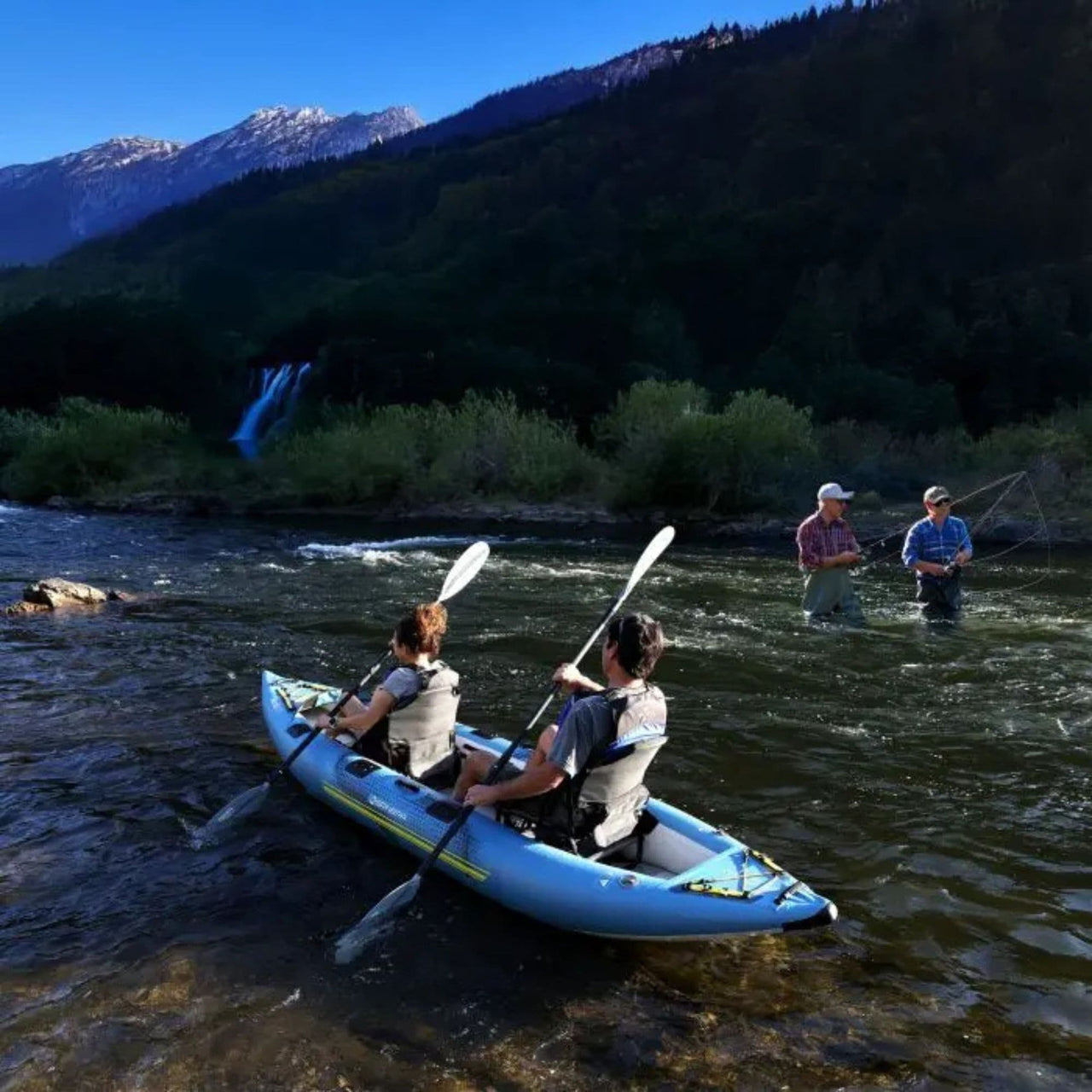 Spinera Kenai 130 Kayak Two People Kayaking By River And Fishermen