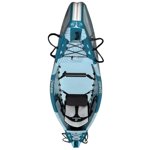Spinera Molveno 380 Inflatable Kayak Top View Showing One Seat, Bungee Cords, Footrest And Handles