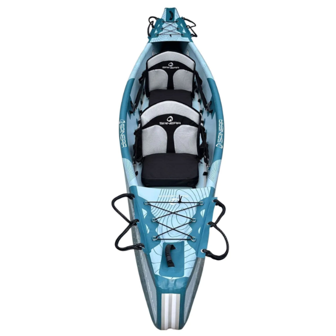 Spinera Molveno 380 Inflatable Kayak Top View Showing Two Seats, Bungee Cords And Handles