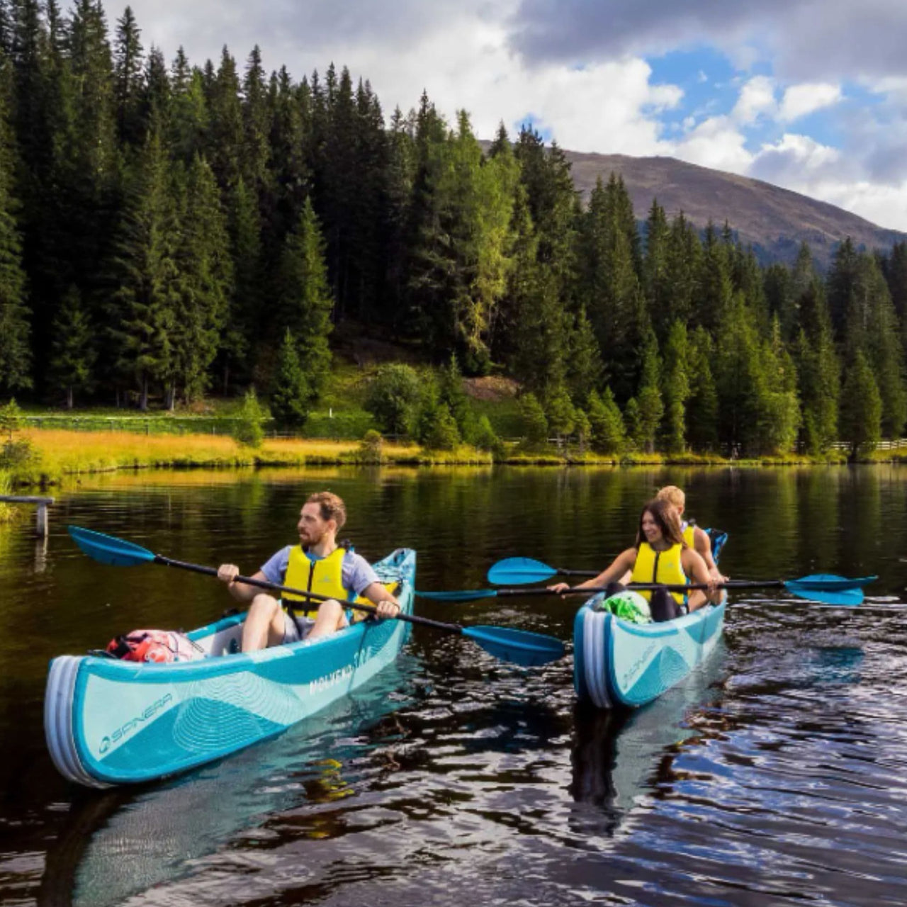 Spinera Molveno 380 Inflatable Kayak With People Enjoying Peaceful Ride On Scenic Lake