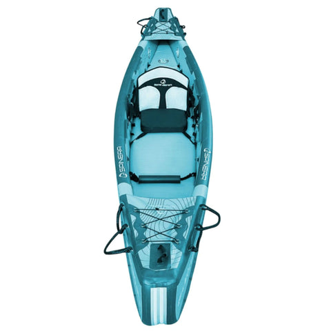 Spinera Molveno 410 Inflatable Kayak Front View Showing One Seat, Bungee Cords, Footrest, And Handles