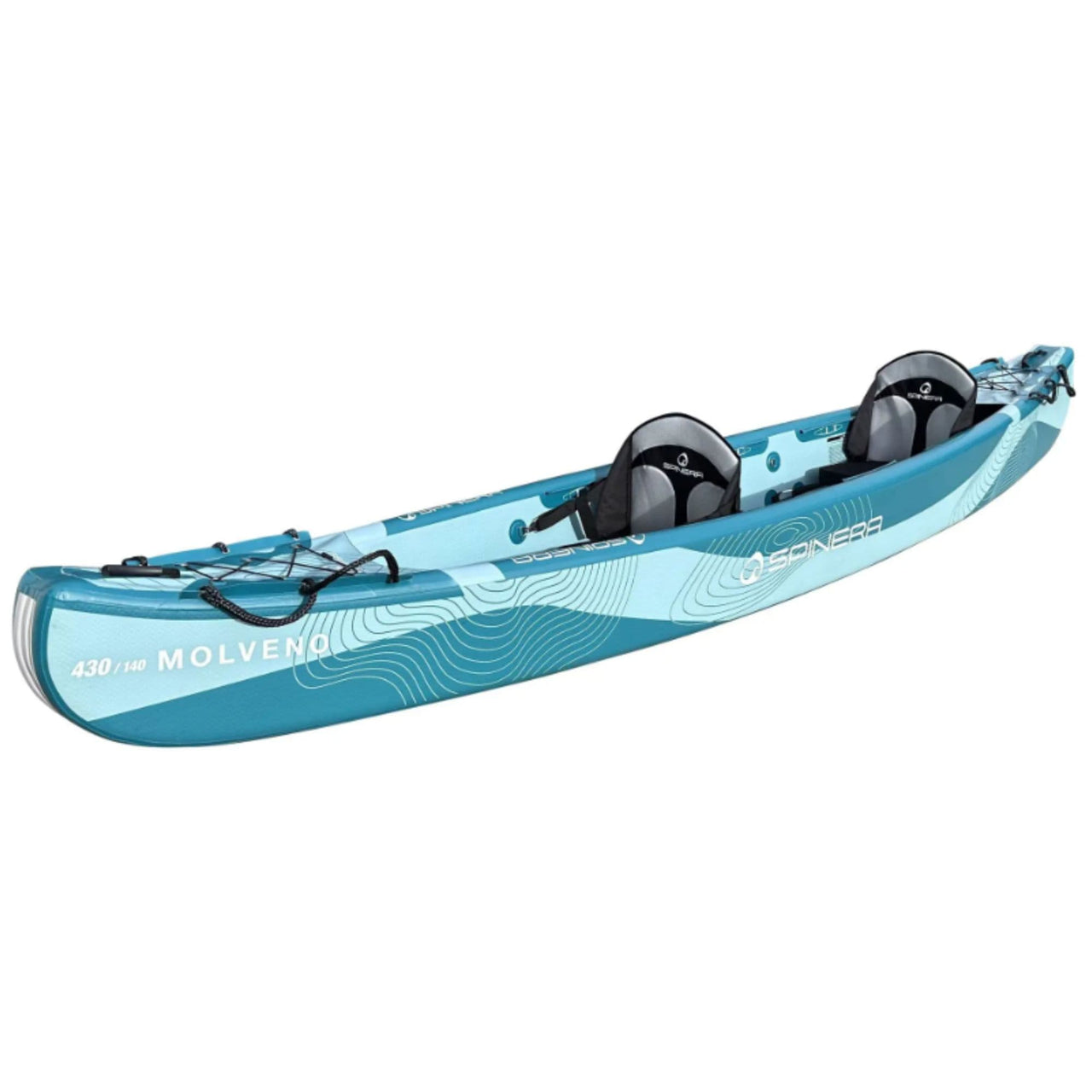 Spinera Molveno 410 Inflatable Kayak Side View Facing Left Showing Two Seats, Bungee And Handle Grip