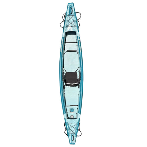Spinera Molveno 410 Kayak Top View Showing One Seat, Bungee Cords, Footrest, Drain Plug And Handles