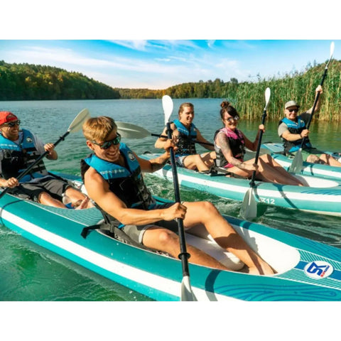 Spinera SK10 With a Group Happily Kayaking on Clear Water