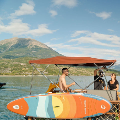 Spinera SUP Supventure Sunrise 12.0 With People on Dock Mountain View Background