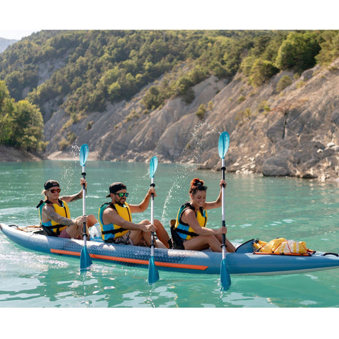 Spinera Tenaya 160 Inflatable Kayak With A Group Kayaking Together, Smiling And Paddling With Mountain View