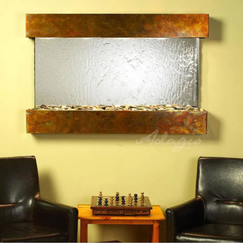 Sunrise Springs Wall Water Fountain With Yellow Accent Wall and Two Leather Seats