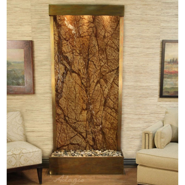 Tranquil River Floor Fountain with Rear Mount With Couches and Frames-Rainforest Earthy Green Marble-Antique Bronze