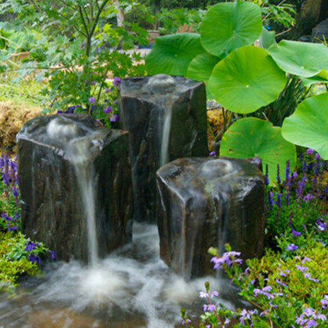 Triple Column Outdoor Fountain Rocks Surrounded By Vibrant Purple Flowers With Large Leaves Background