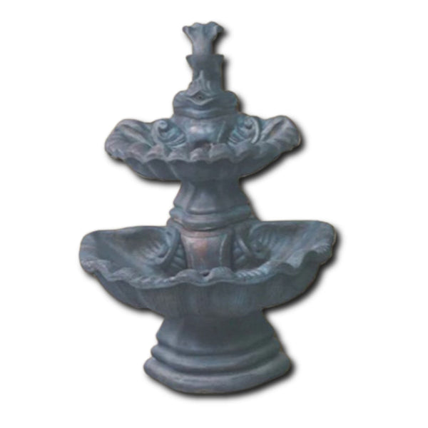 Two Tier Shell Fountain With Fish With Plain White Background