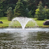 Vanguard Typhoon 3/4 HP Floating Display Aerator On The Water With Trees In The Background Close Up