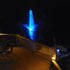 Vanguard Color Changing Fountain LED Lights  Nighttime View Of Lake With Glowing Blue Lighting Beside Wooden Deck