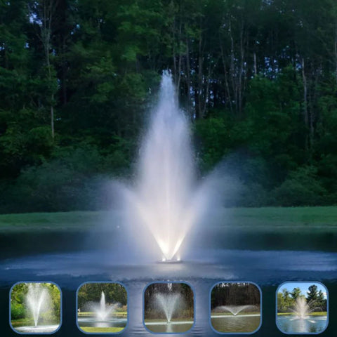 Vanguard Hydro Torque Series Floating Lake Fountain With Trees Background And Showing A Different Spray Patterns