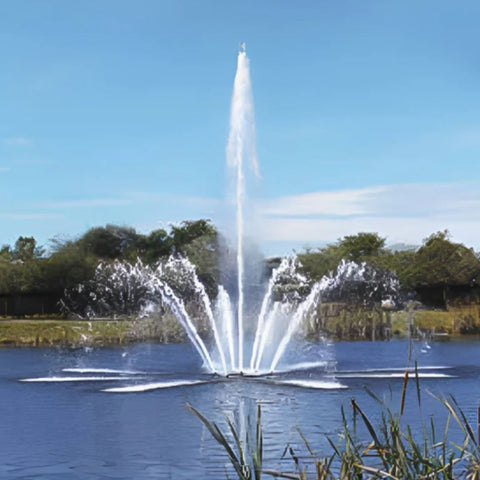 Vertex AerationJet Pond Fountain Water Rises Before The Green Trees