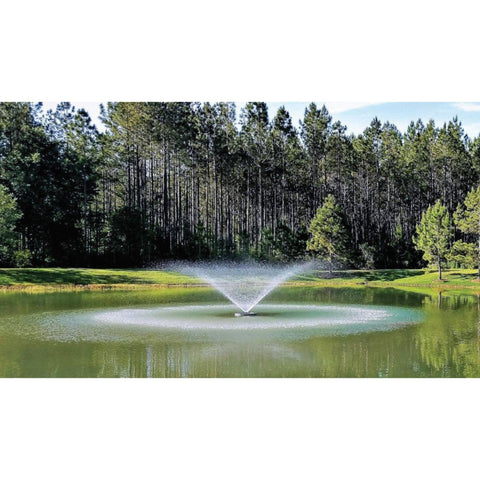 Vertex Vertical FunnelJet Floating Pond Fountain With Tall Green Trees Behind