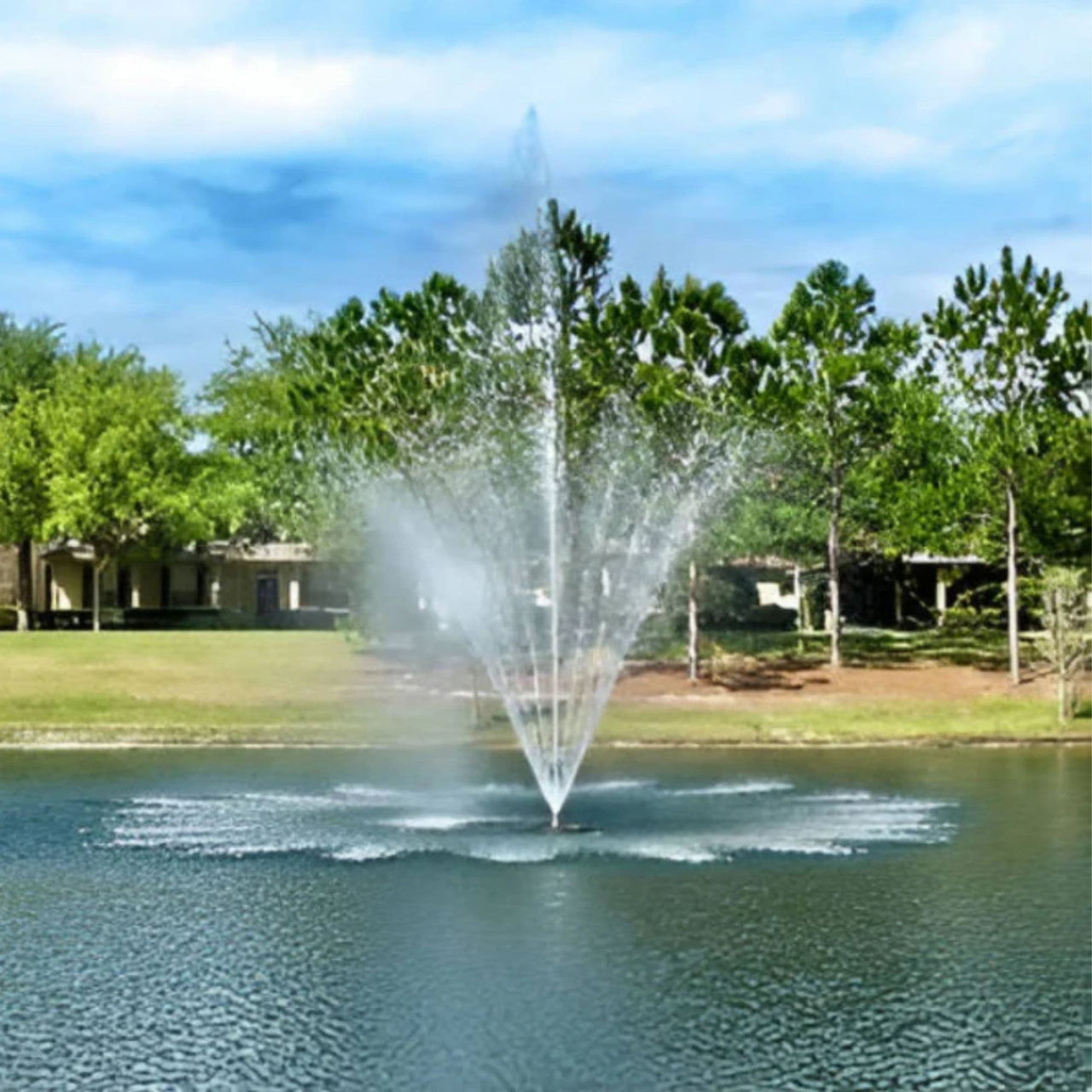 Vertex Vertical TwoTier Floating Pond Fountain With Trees And Houses Behind
