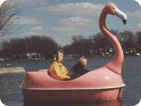 Adventure Glass Pink Flamingo pedal boat on a lake