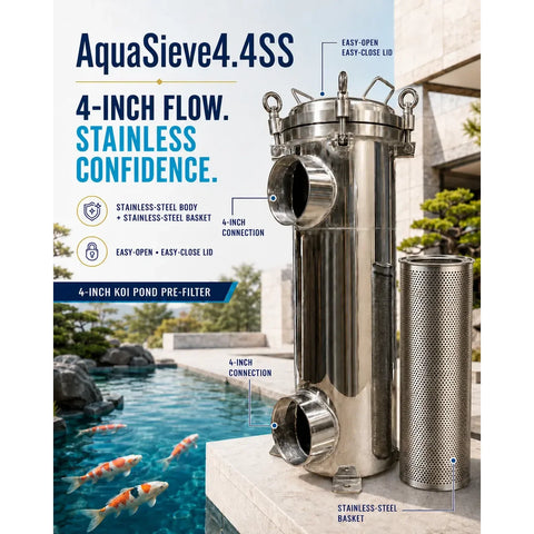 AquaSieve 4.4 SS four inch stainless steel pond prefilter