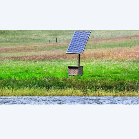 Keeton ProLake Solaer 1.1 solar pond aerator beside a lake