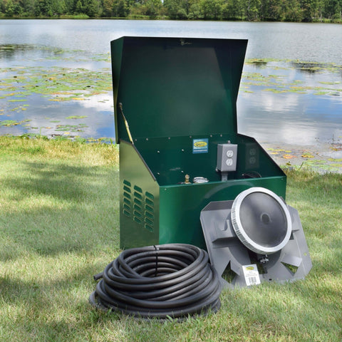 PA34 pond aerator by EasyPro in a ground cabinet beside a lake